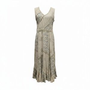 Flower Boho Maxi Dress Womens Large Sage Green Embroidered Crochet Floral